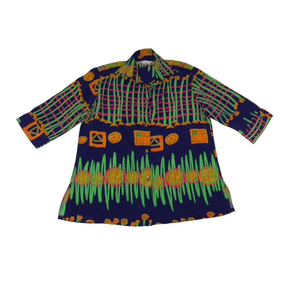 Pink Boutique Navy Blue Abstract Geometric Floral Button Front Blouse Size 44